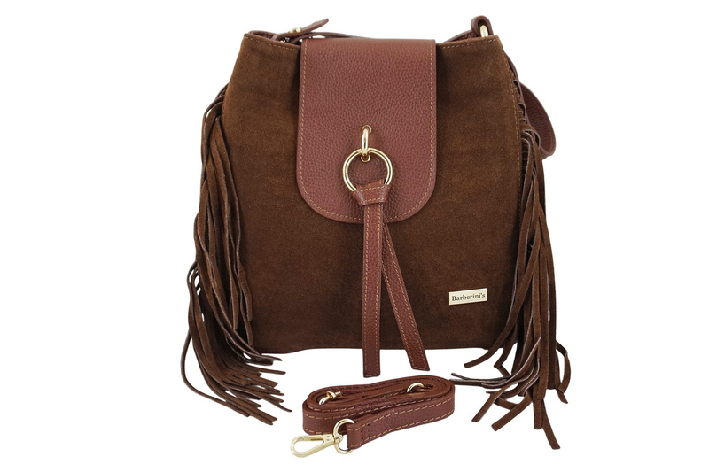 Skórzana torebka boho z frędzlami - Brązowa