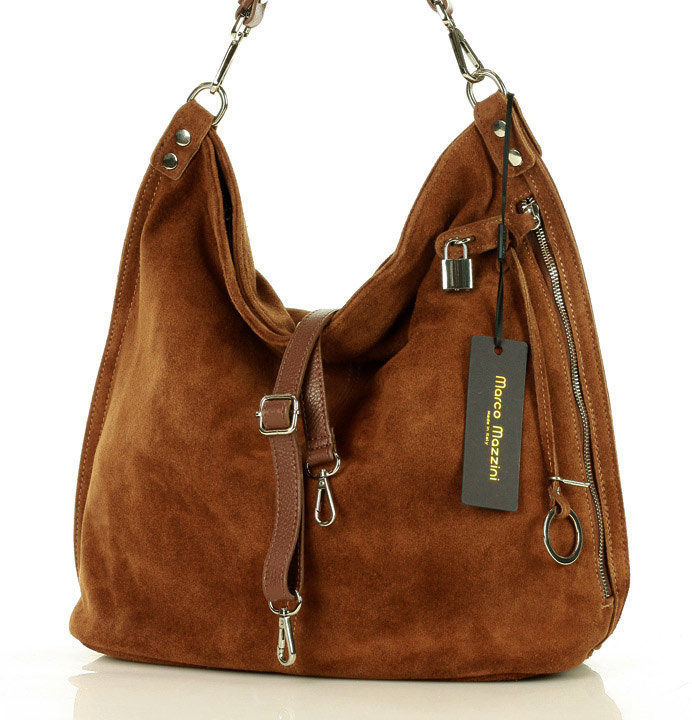 Torebka skórzana ponadczasowy design worek na ramię XL hobo leather bag - MARCO MAZZINI nubuk brąz migdałowy
