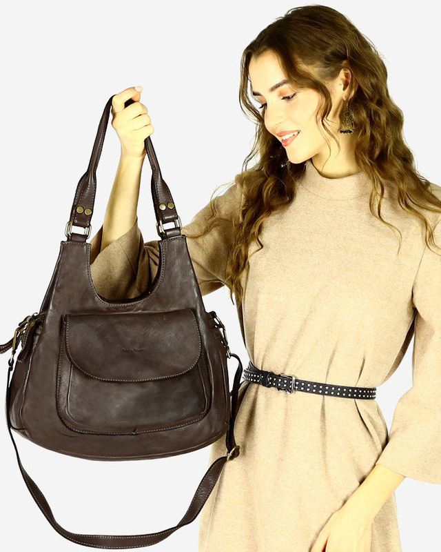 Włoska torebka skórzana z kieszenią z przodu retro bag handmade - MARCO MAZZINI ciemny brąz caffe
