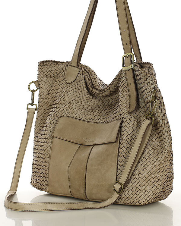 Duża torebka pleciona na ramię shopperka skórzana - MARCO MAZZINI beżowa