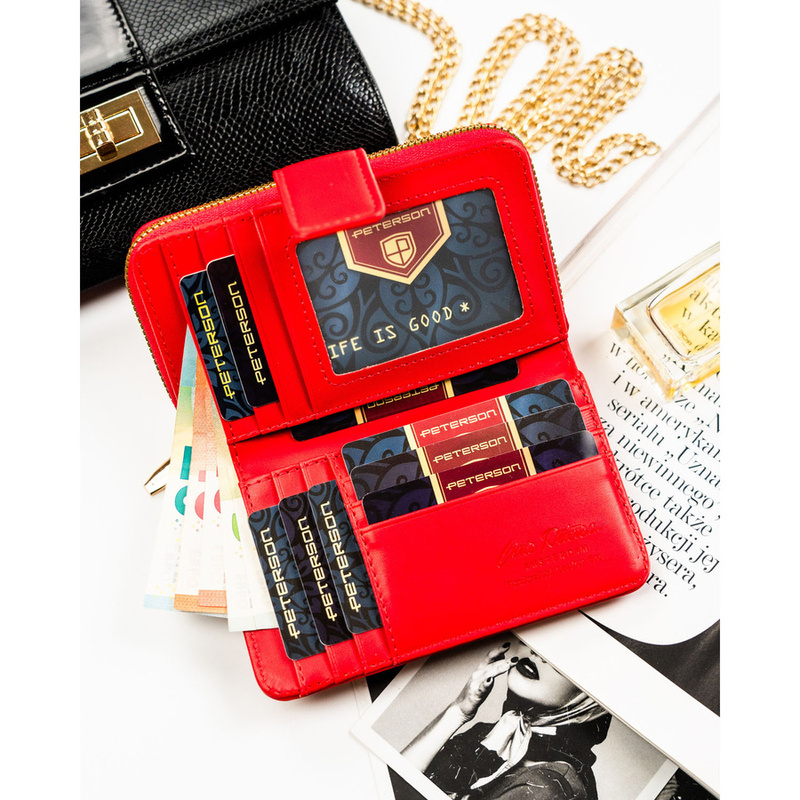 Czerwony, pionowy portfel damski ze skóry ekologicznej, mieszczący dowód rejestracyjny - Peterson