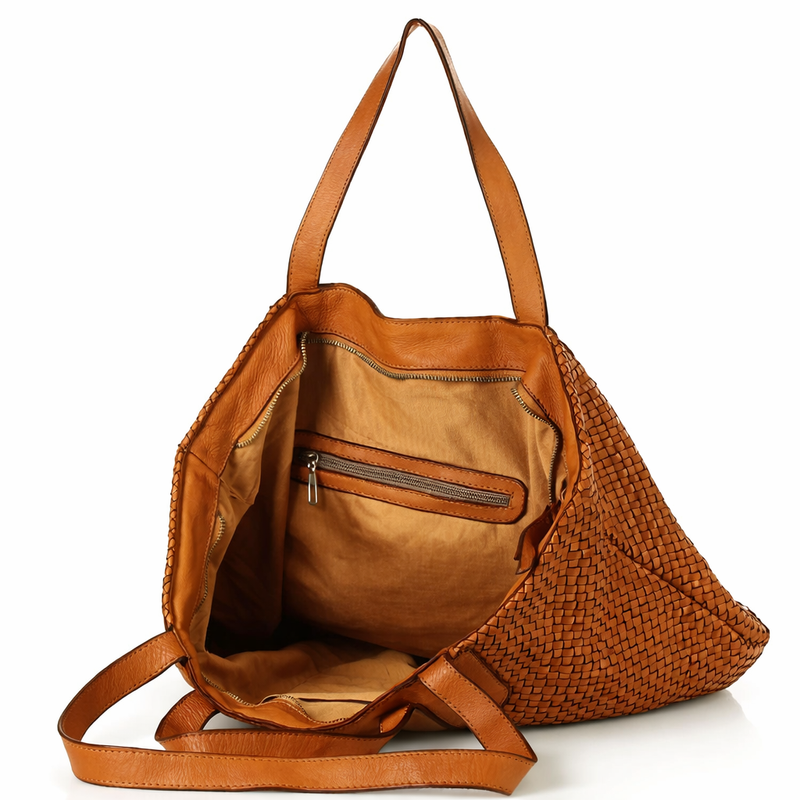 Torba damska pleciona shopper & shoulder leather bag - MAZZINI brąz karmel