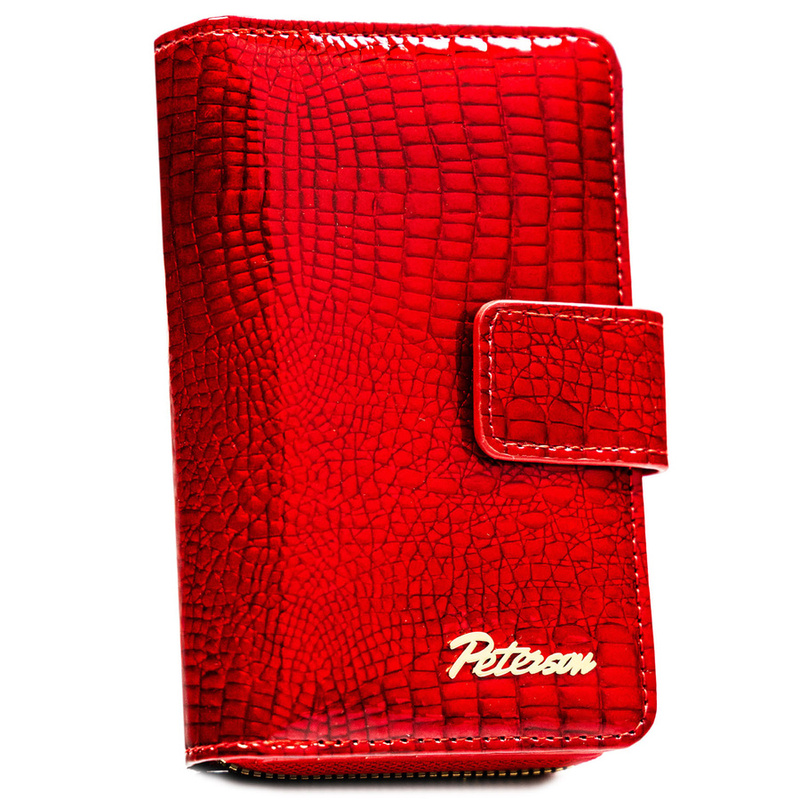 Duży, czerwony portfel damski ze skóry ekologicznej z tłoczeniem na wzór skóry krokodyla - Peterson