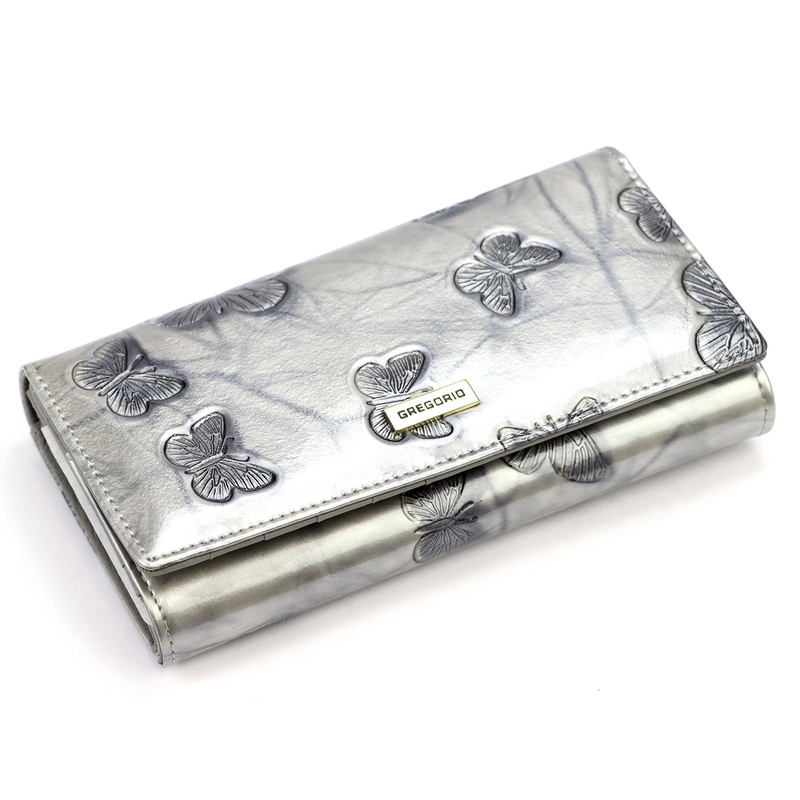 Gregorio damski portfel podłużny skóra naturalna wzór motyle lakierowana