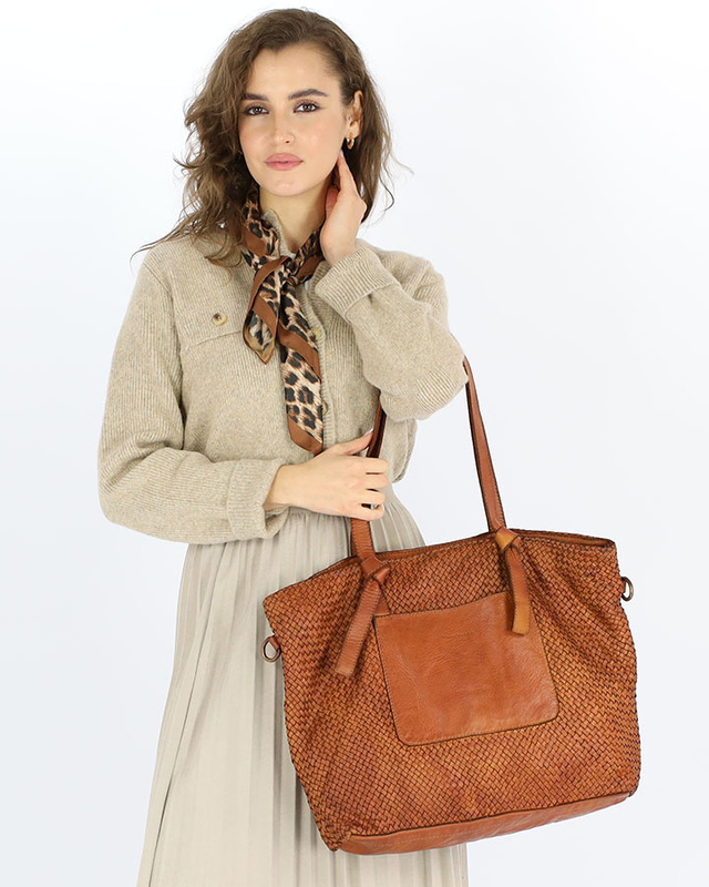 Oryginalna torebka pleciona damska skórzany shopper bag - MARCO MAZZINI brąz camel