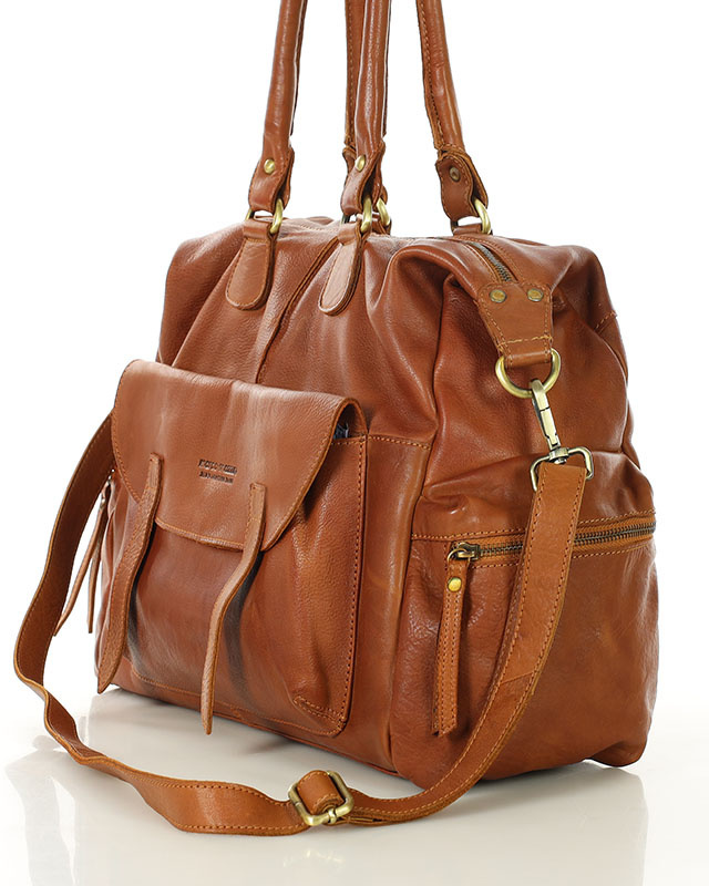 Pojemna torba damska na ramię z kieszeniami skóra naturalna - MARCO MAZZINI brąz camel