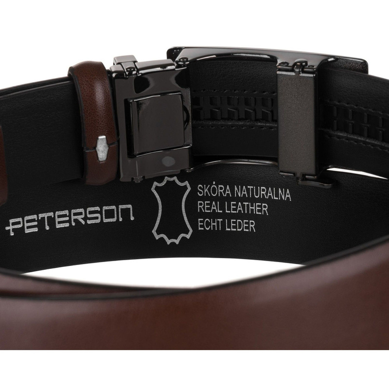 Brązowy, elegancki pasek męski ze skóry naturalnej z automatyczną klamrą - Peterson