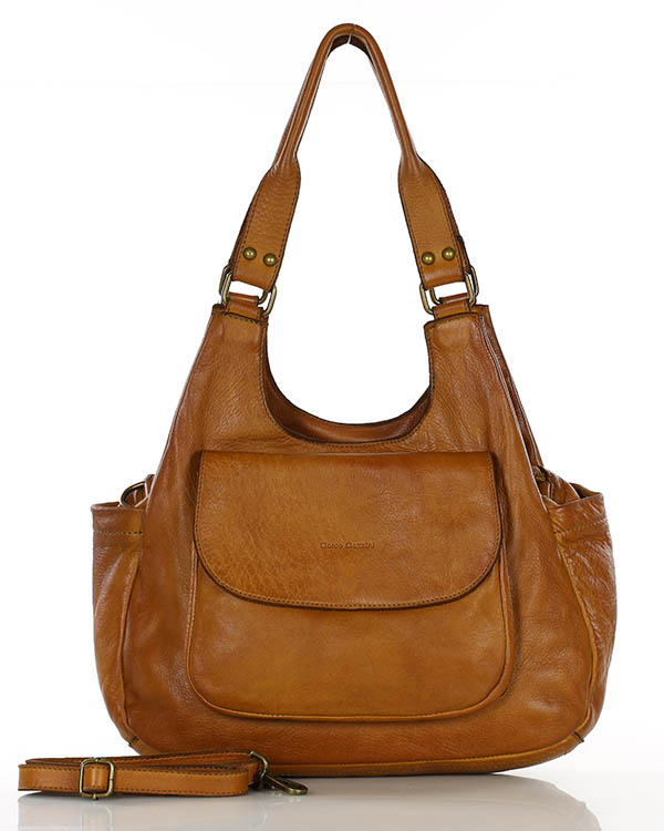 Włoska torebka skórzana z kieszenią z przodu retro bag handmade - MARCO MAZZINI brąz camel