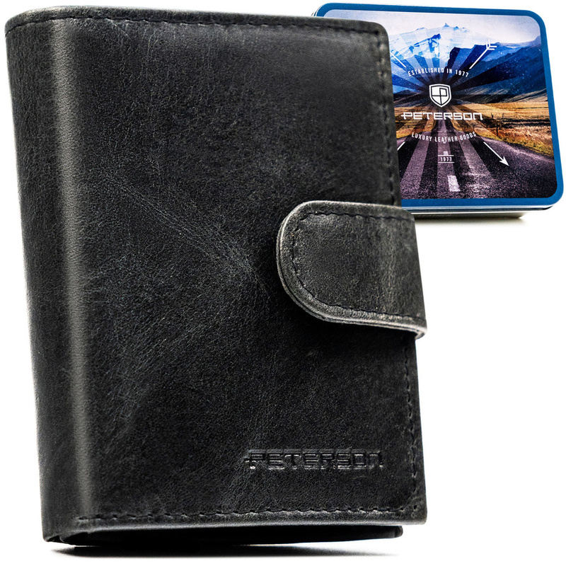 Czarny portfel męski ze skóry naturalnej wyposażony w system RFID, zamykany zatrzaskiem - Peterson