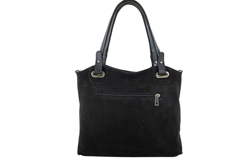 Duża elegancka torebka z naturalnej skóry i zamszu - Czarna