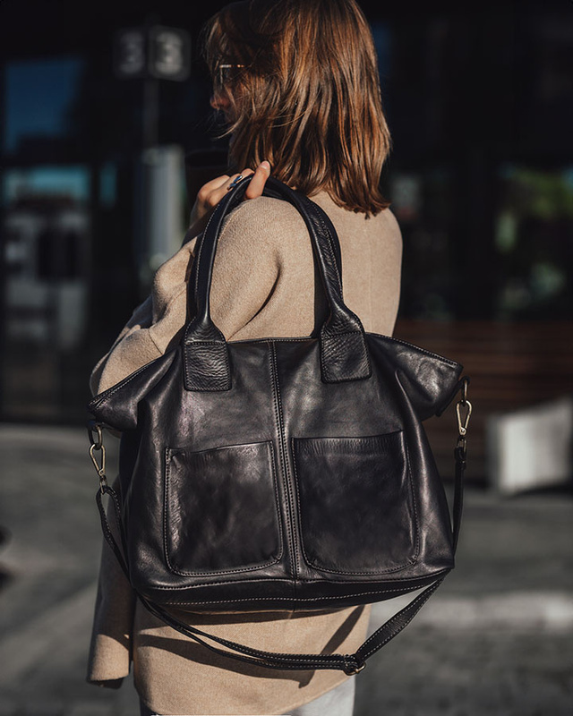 Torebka skórzana shopper bag - MARCO MAZZINI czarny