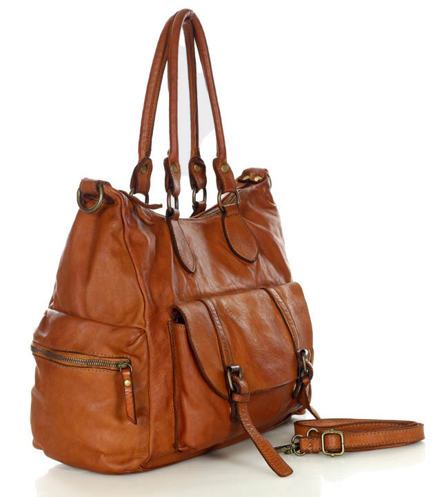 Pojemna torba damska na ramię z kieszeniami skóra naturalna - MARCO MAZZINI brąz camel