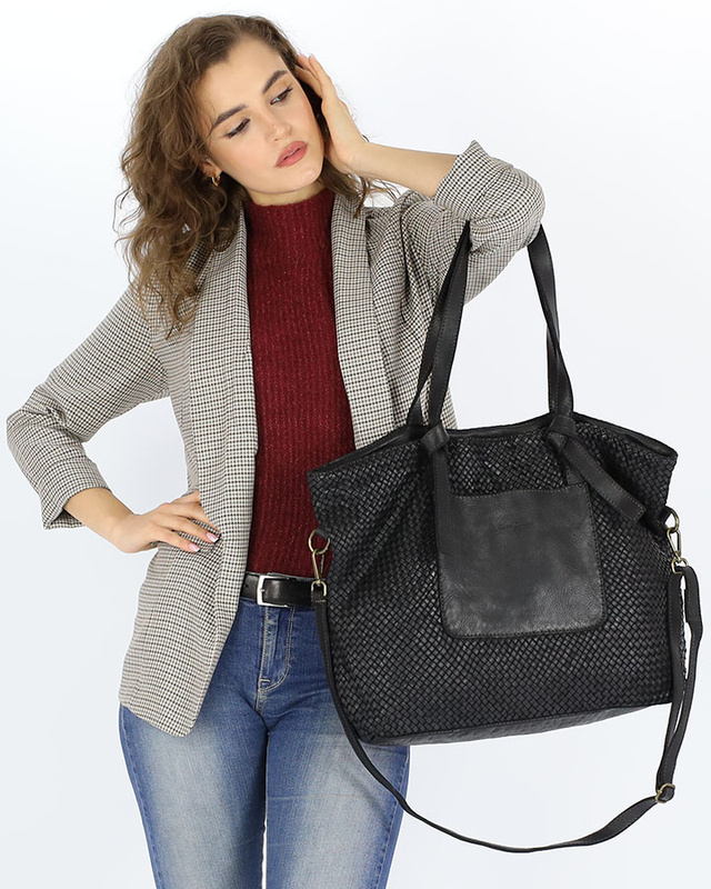 Oryginalna torebka pleciona damska skórzany shopper bag - MARCO MAZZINI czarna