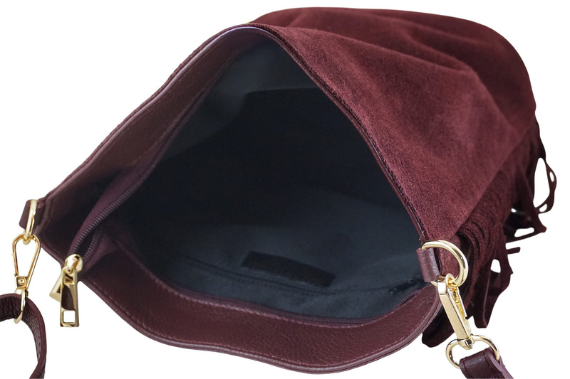 Zamszowa torebka boho z frędzlami - Bordowa