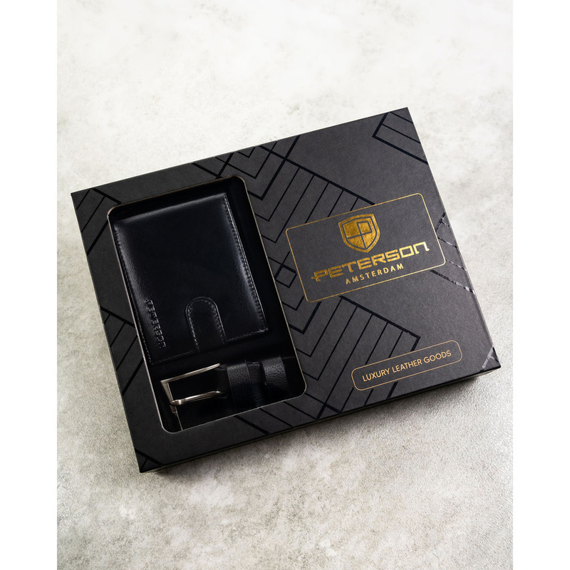 Zestaw prezentowy: skórzany portfel męski w czarnym kolorze z systemem RFID i pasek ze skóry ekologicznej - Peterson
