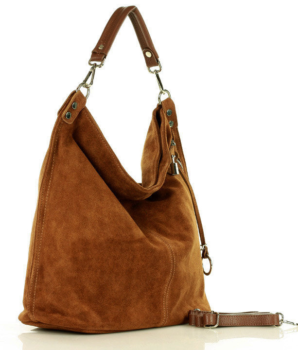 Torebka skórzana ponadczasowy design worek na ramię XL hobo leather bag - MARCO MAZZINI nubuk brąz migdałowy