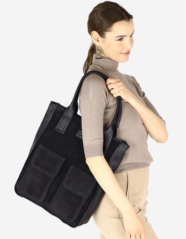 Torebka zamszowa shopper bag z kieszeniami skóra naturalna - MARCO MAZZINI czarny