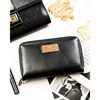 Czarny portfel damski w typie piórnika ze skóry ekologicznej wyposażony w system RFID - Peterson