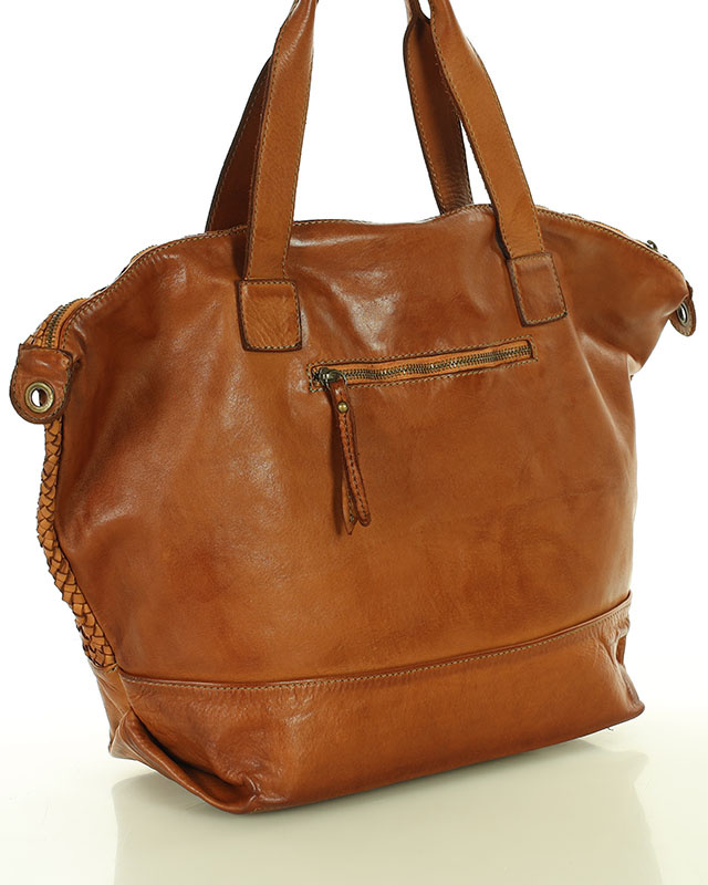 Camelowa torebka pleciona shopper A4 z miękkiej włoskiej skóry Marco Mazzini