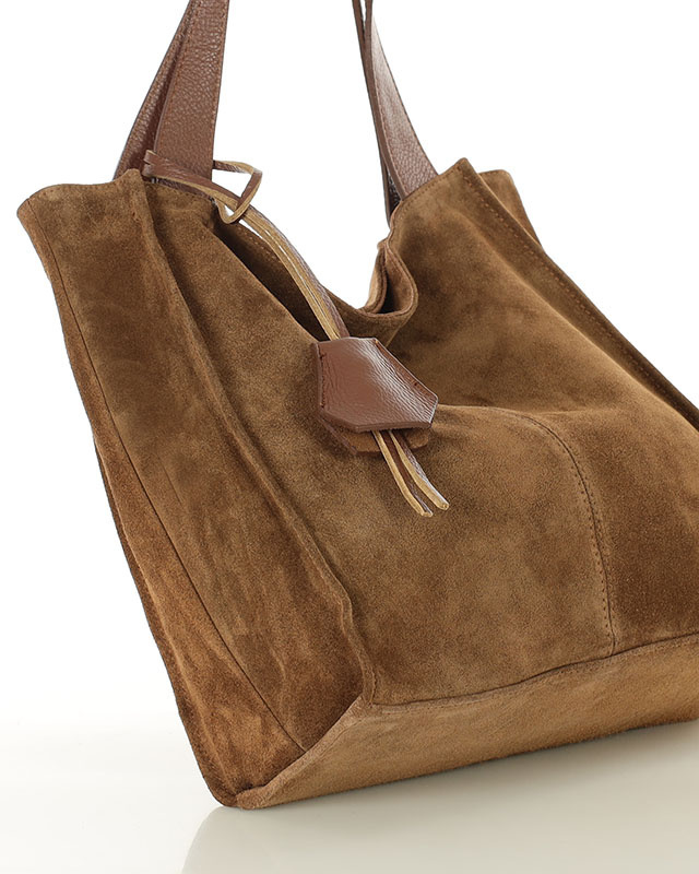 Brązowa torba zamszowa ze skóry typu shopper - MARCO MAZZINI