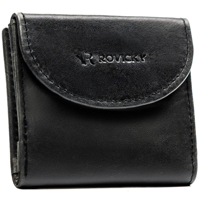 Mały i cienki, skórzany portfel męski w czarnym kolorze zamykany zatrzaskiem - Rovicky