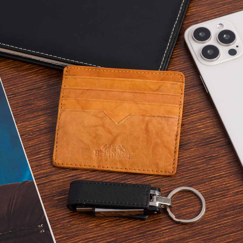 Etui na dokumenty karty wizytówki skórzane slim portfel kamelowe Beltimore E49