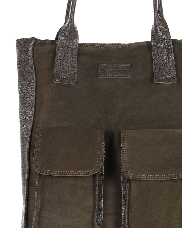 Torebka zamszowa shopper bag z kieszeniami skóra naturalna - MARCO MAZZINI ciemny brąz