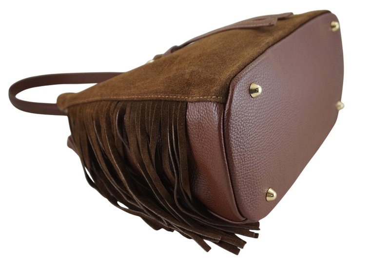 Skórzana torebka boho z frędzlami - Brązowa