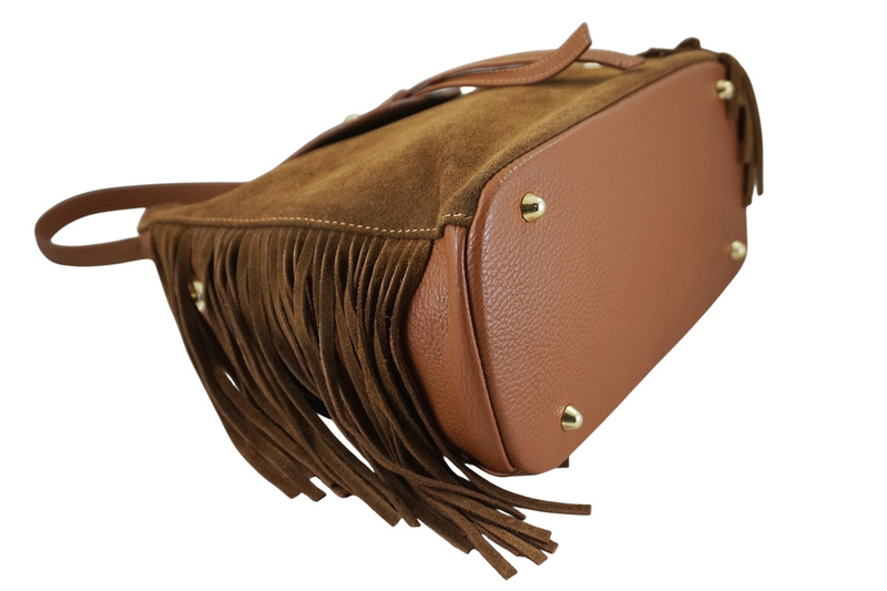 Skórzana torebka boho z frędzlami - Brązowa jasna