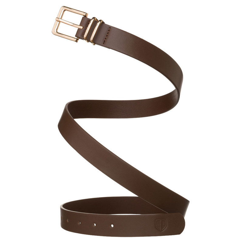 Wąski pasek damski ze skóry ekologicznej w kolorze khaki ze złotą klamrą - Peterson