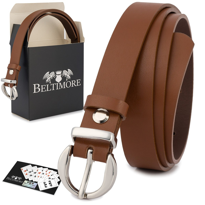 Skórzany pasek damski do spodni sukienki brązowa skóra nat 1,8 cm Beltimore O21 : Kolory - brązowy, beżowy, Rozmiar pasków - r.110-125 cm