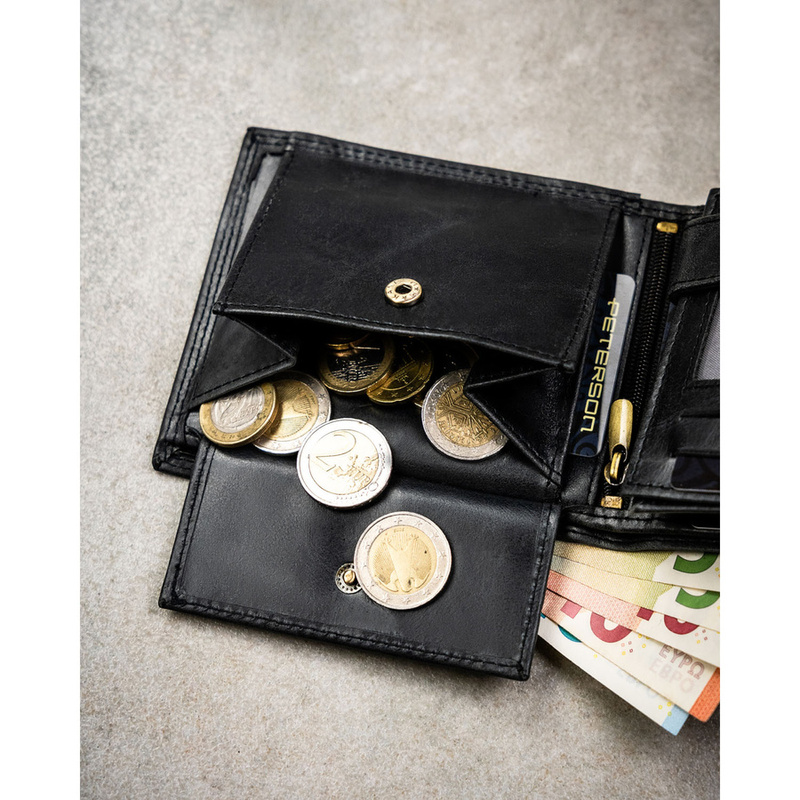 Duży, skórzany portfel męski w czarnym kolorze wyposażony w system RFID - Peterson