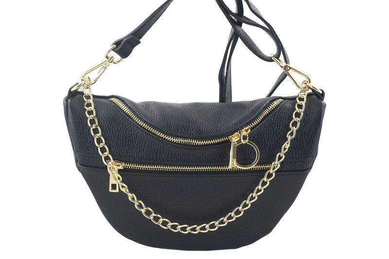 Pojemna torebka nerka z łańcuszkiem skórzana - Czarna