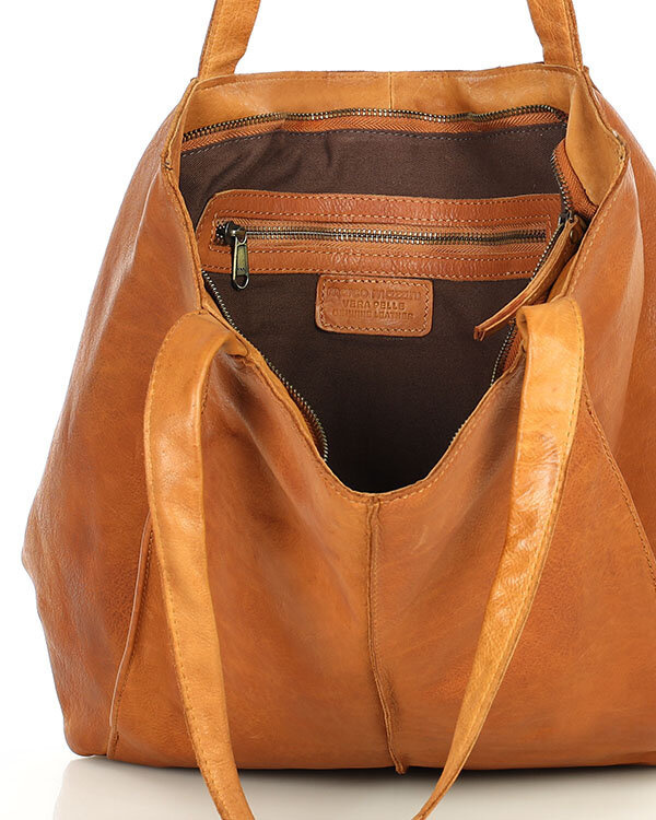 Miękka torba typu shopper skórzana na ramię - MARCO MAZZINI - brąz camel