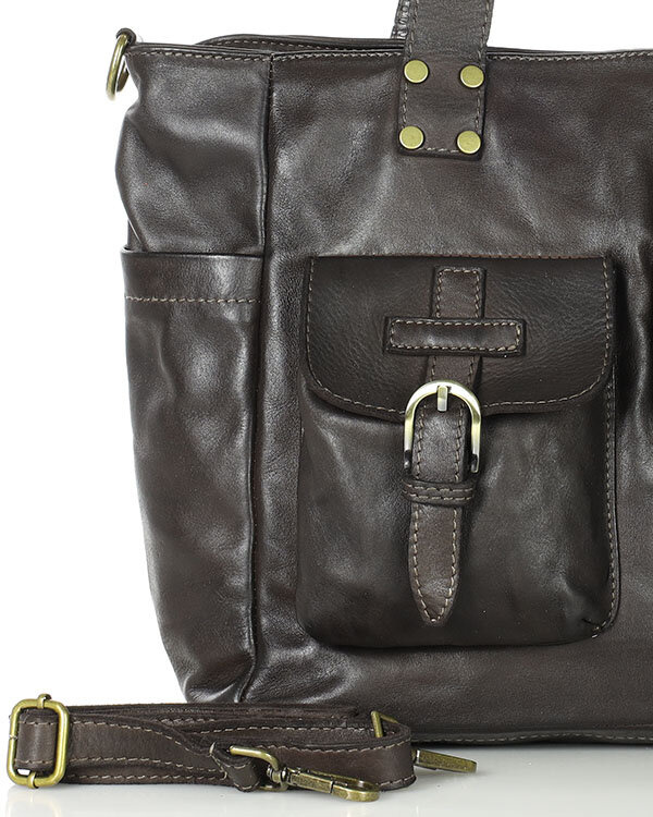 Torba skórzana shopper XL na ramię z dwoma kieszeniami MARCO MAZZINI ciemny brąz