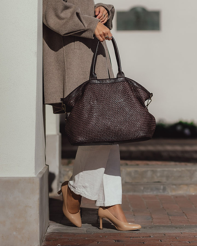 Duża torba shopper z plecionej skóry naturalnej - MARCO MAZZINI ciemnobrązowa caffe