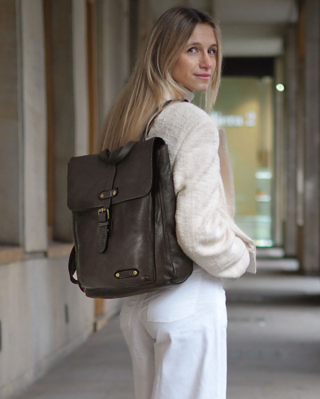 MARCO MAZZINI Miejski plecak skórzany w stylu old look handmade leather ciemny brąz caffe