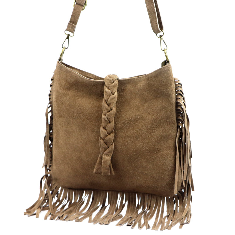 Luka Listonoszka damska skórzana z frędzlami boho torebka na ramię