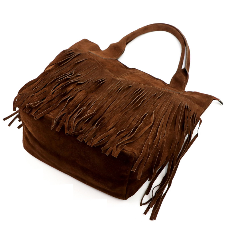 Luka damska shopperbag skórzana zamszowa torebka na ramię z frędzlami