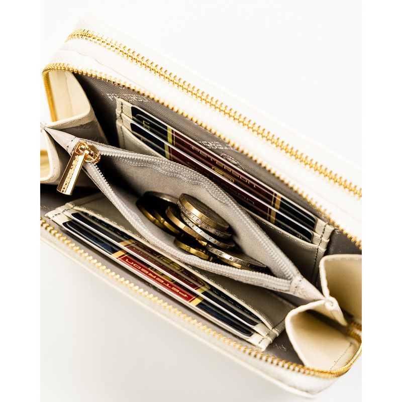 Portfel damski w typie piórnika ze skóry ekologicznej w białym kolorze, wyposażony w system RFID - Peterson