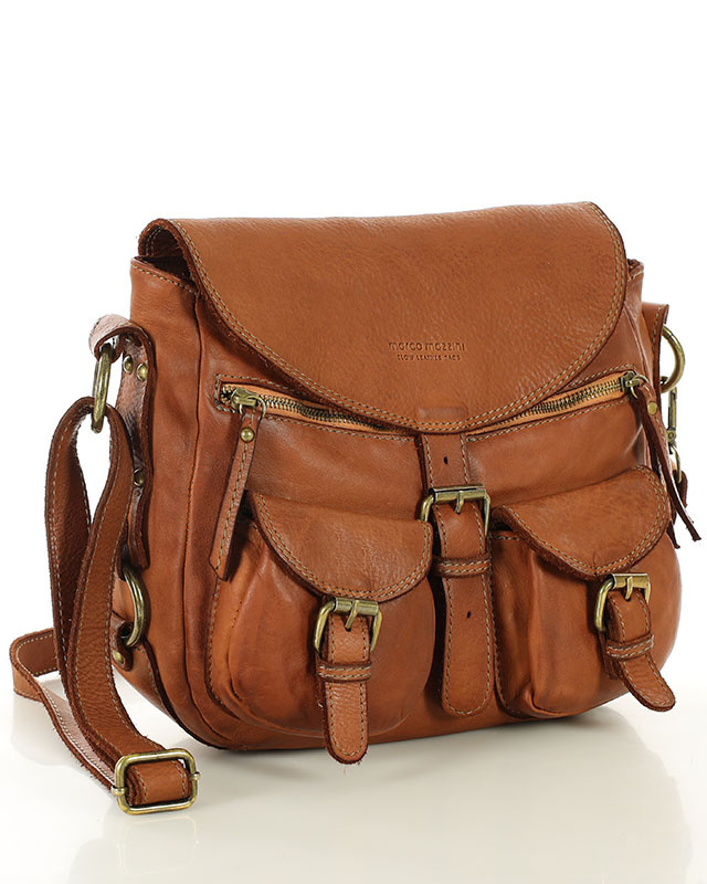 MARCO MAZZINI Skórzana torebka listonoszka z kieszeniami safari handmade bag camel