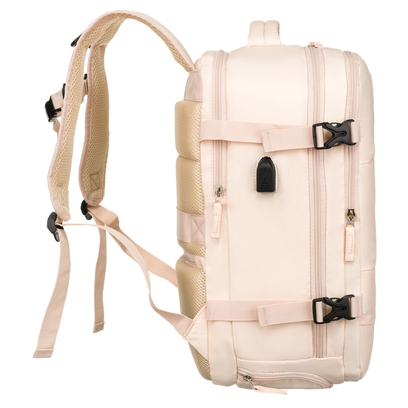 Plecak podróżny z portem USB wykonany z poliestru w beżowym kolorze - Peterson