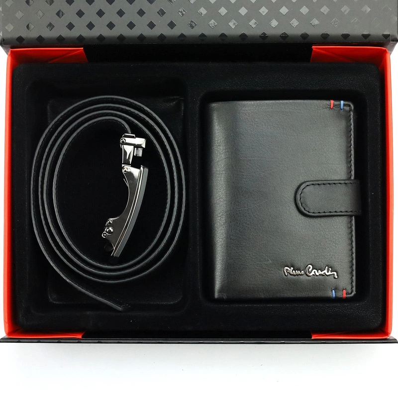 Pierre Cardin męski pasek do spodni i portfel zestaw ze skóry naturalnej