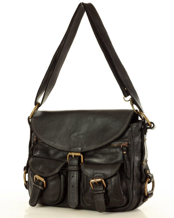 MARCO MAZZINI Skórzana torebka listonoszka z kieszeniami safari handmade bag czarna