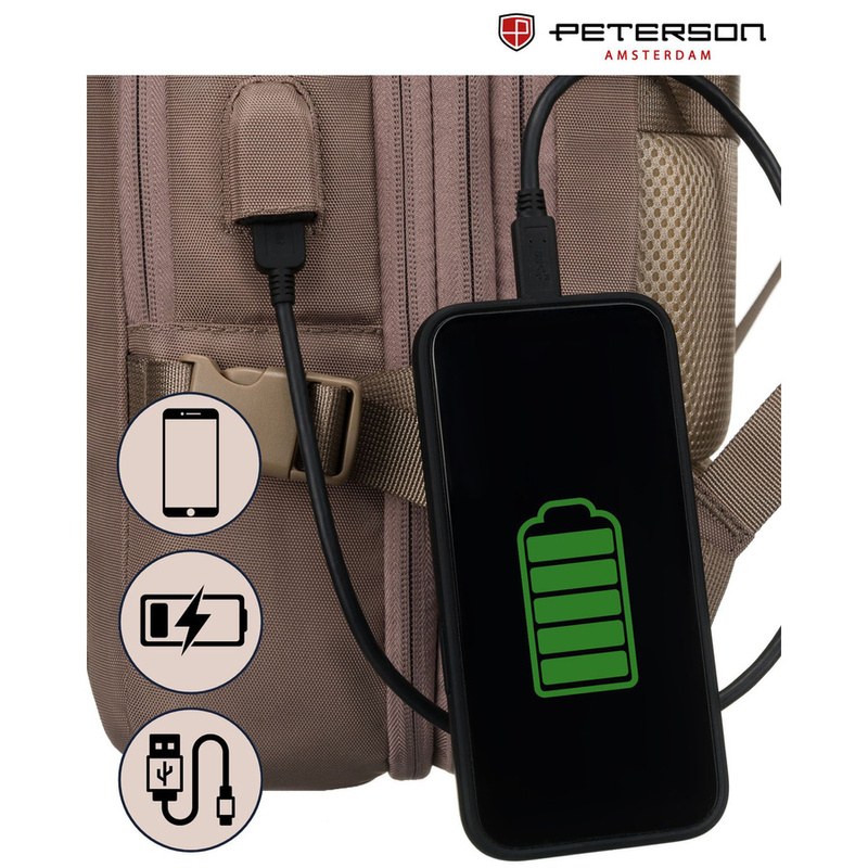 Beżowy plecak podróżny wykonany z cordury z portem USB - Peterson