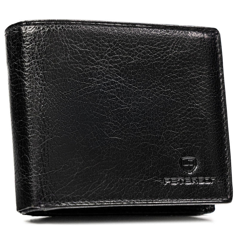 Poziomy portfel męski ze skóry naturalnej w czarnym kolorze w zestawie z brelokiem - Peterson