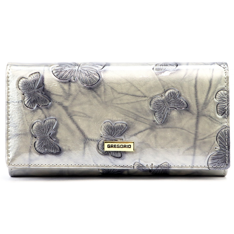 Gregorio damski portfel podłużny skóra naturalna wzór motyle lakierowana