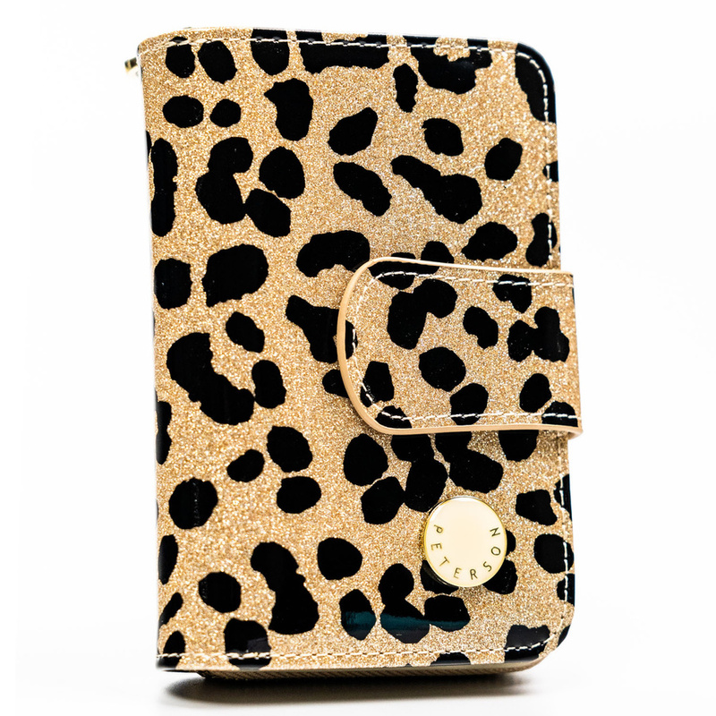 Złoty, pionowy portfel damski ze skóry ekologicznej i naturalnej w cętki - Peterson