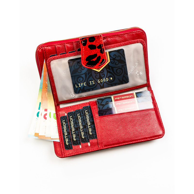 Czerwony, pionowy portfel damski ze skóry ekologicznej i naturalnej w cętki, wyposażony w system RFID - Peterson