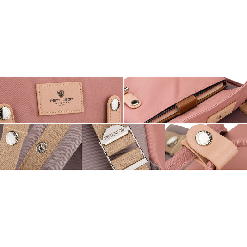 Różowo-szary plecak damski z poliestru i skóry ekologicznej, jednokomorowy - Peterson